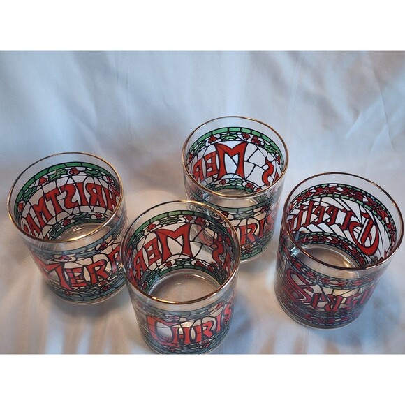 1970s Cera Houze Merry Christmas Seasons Greetings Gold Trimmed Set Of 4 Glasses - Picture 6 of 16